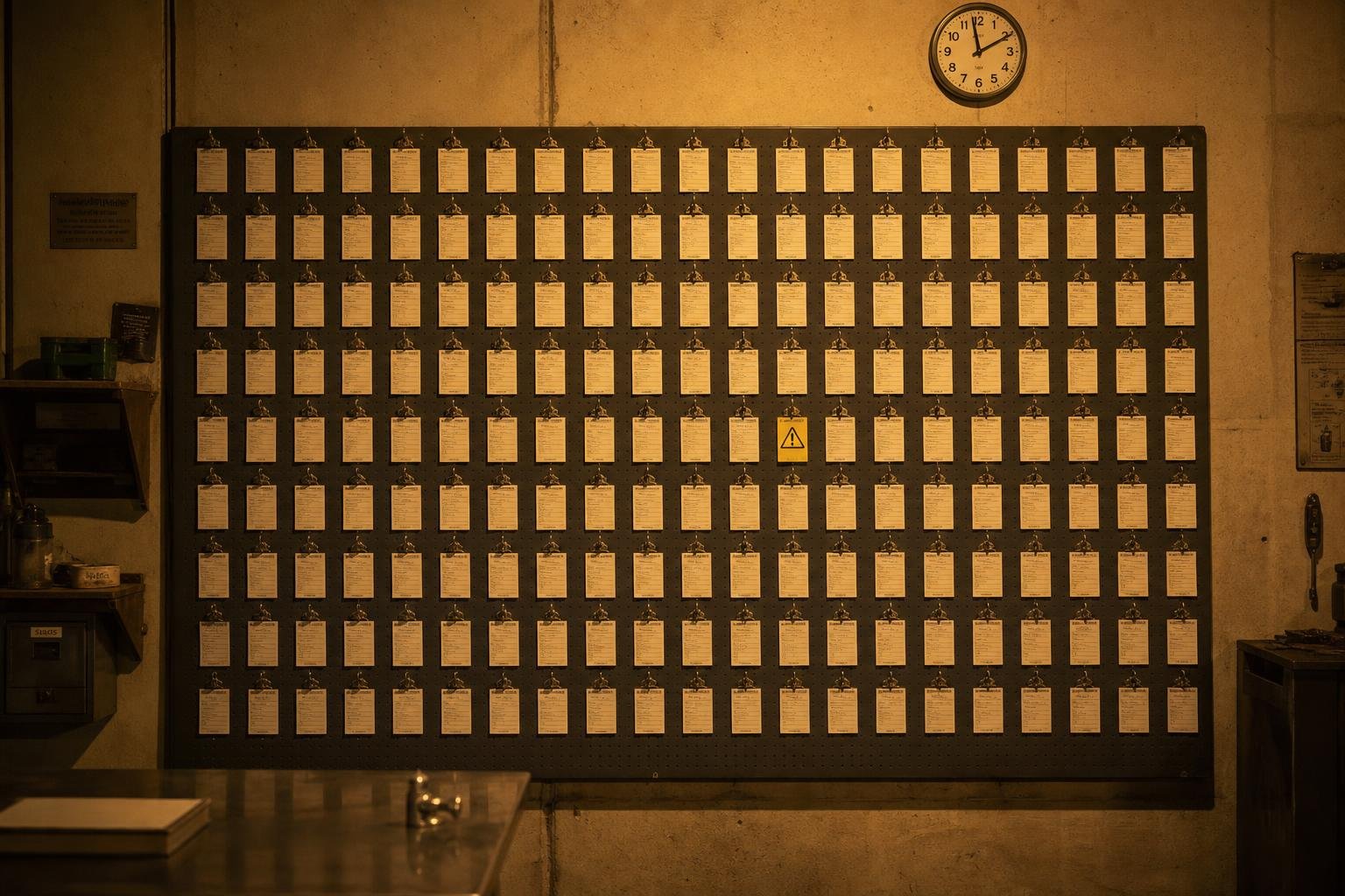 夜間工廠質檢室，牆面掛滿整排物理紙張作業單，一張被換成黃色診斷卡，暖鈉光燈照明，水泥與鋼鐵表面，無螢幕無人員，紀錄片風格